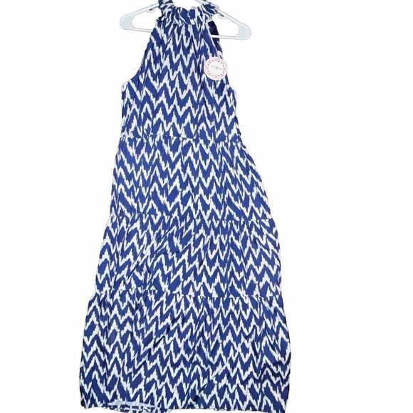 Summer Party Dress Size‎ Small Maxi Blue White Chevron Stripe Sleeveless Tiered - Picture 1 of 7